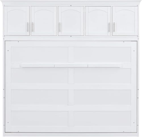 MERITLINE Queen Horizontal Murphy Bed Cabinet with Storage Bookcase Shelves and Charging Station,Wood Folding Grey Murphy Wall Bed for Adult