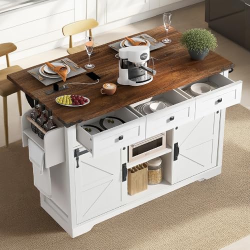 53.7" Farmhouse Kitchen Island with Power Outlet,2 Sliding Barn Door Storage Island with Drop Leaf,Spice Rack and 3 Drawers,Rolling Kitchen Cart on Wheels for Dining Room, White