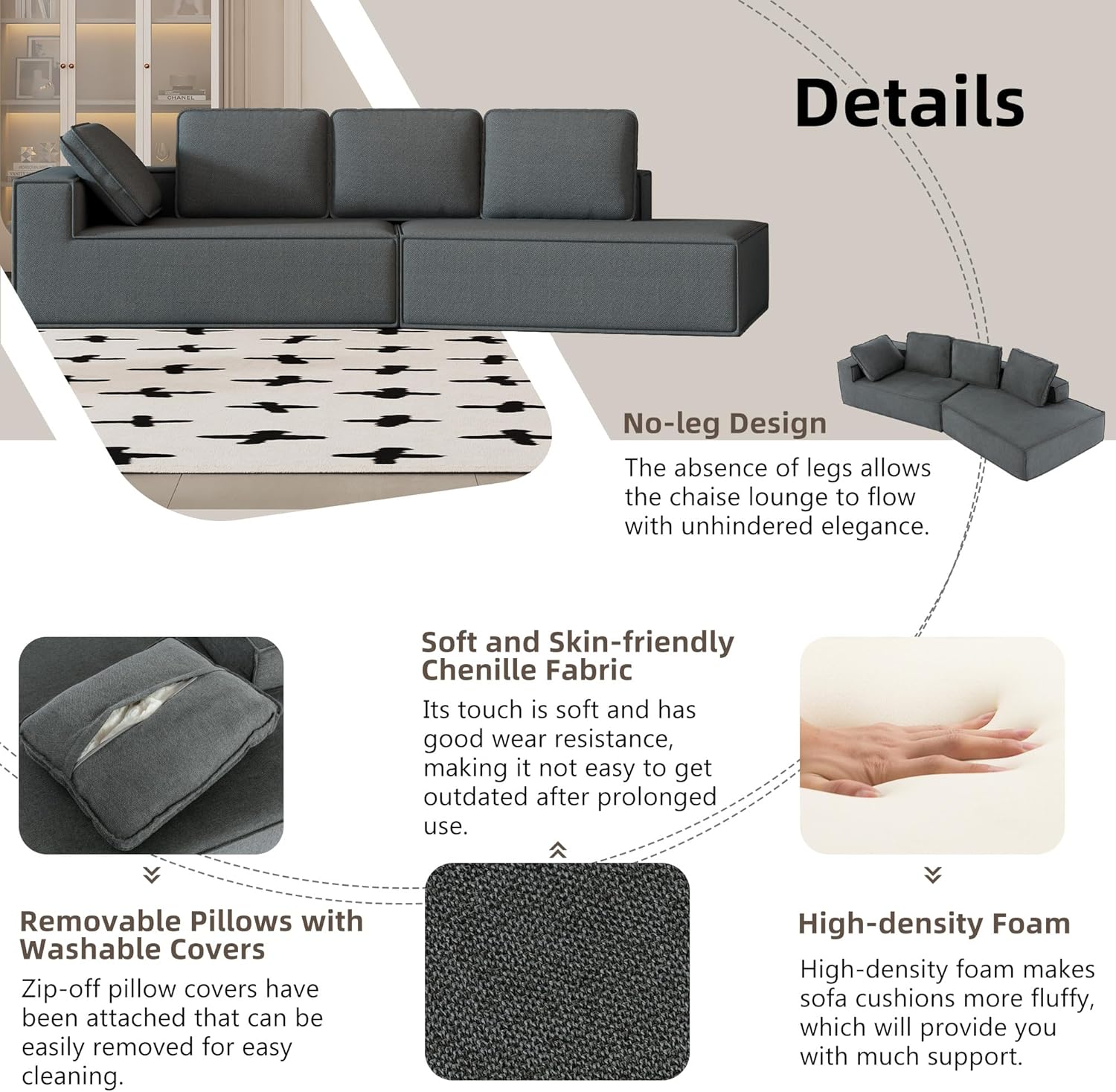 125" Stylish Chaise Lounge Modern Indoor Lounge Sofa Sleeper Sofa with Clean Lines for Living Room, Grey