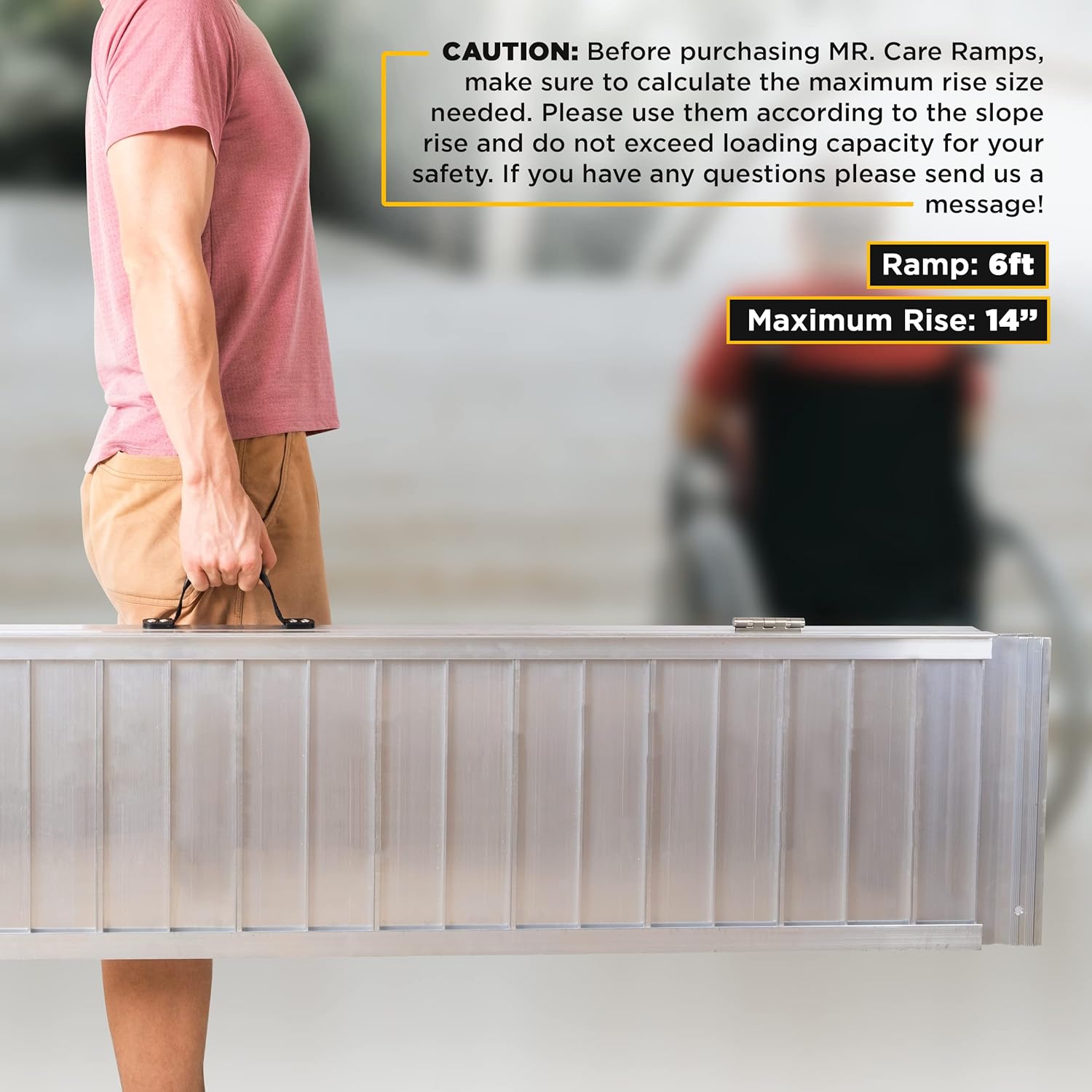 MR CARE Portable Wheelchair Ramp | Lightweight Foldable Ramps for Wheelchairs with Handle | Featuring Unique Yellow Reflective Caution Stickers | Perfect Wheel Chair Ramp for Home Steps (2FT)