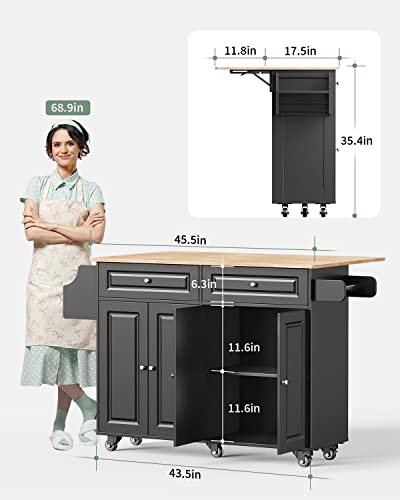 Kitchen Island with Drop Leaf and Storage, on Wheels Two Drawers, Large Storage Cabinet, Towel Rack Spice Cart Brown