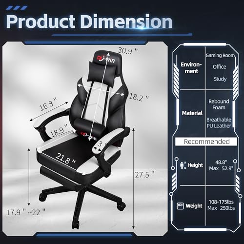 Gaming Chairs for Adults, Computer Chair with Footrest and Ergonomic High Back, Big and Tall Gamer Chairs with Massage Lumbar Support, 360° Swivel Height Adjustable, Blue