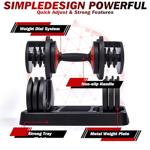 25/55 Lbs Pair Adjustable Black Grip Handle Dumbbell Set, Fast Adjust Dumbbell Weight for Exercises Pair Dumbbells for Men and Women in Home Gym Workout Equipment, Dumbbell with Tray Suitable for Full Body