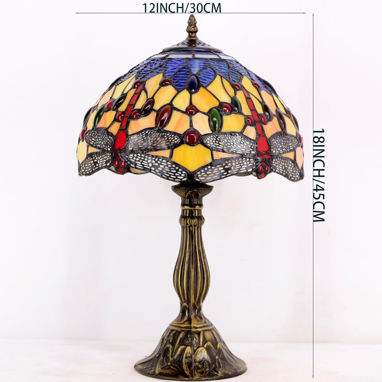 WERFACTORY Tiffany Lamp Stained Glass Bedside Table Lamp Orange Blue Dragonfly Style Reading Desk Light 12X12X18 Inches Decor Bedroom Living Room Home Office S168 Series