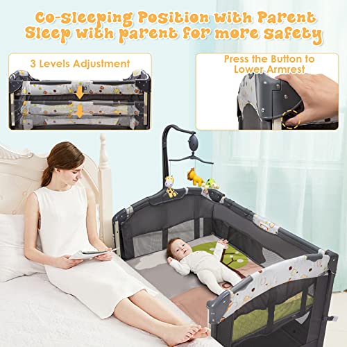 BABY JOY 4 in 1 Pack and Play, Baby Bedside Sleeper with Bassinet, 3 Adjustable Heights, Music Box, Easy to Install, Foldable Bedside Crib w/Changing Table, Playards from Newborn to Toddlers