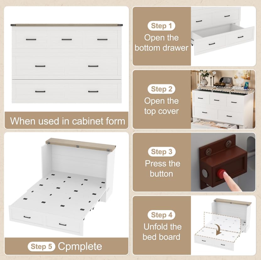 Bellemave Queen Murphy Bed, Cabinet Bed with Charging Station and Storage, Farmhouse Murphy Cabinet with Foldable Panel, Noisy Free, for Guest Bedroom, Living Room, Office, Rustic Gray
