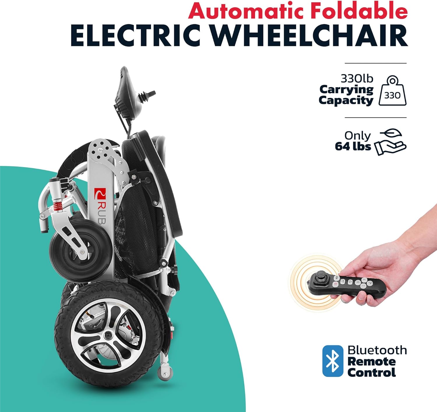 Rubicon DX17 Automatic Foldable Electric Wheelchairs for Adults - Deluxe One Click Fold and Unfold - Super Horse Power (600W Motor Power) - Longest Range (up to 25miles with 20AH Battery)