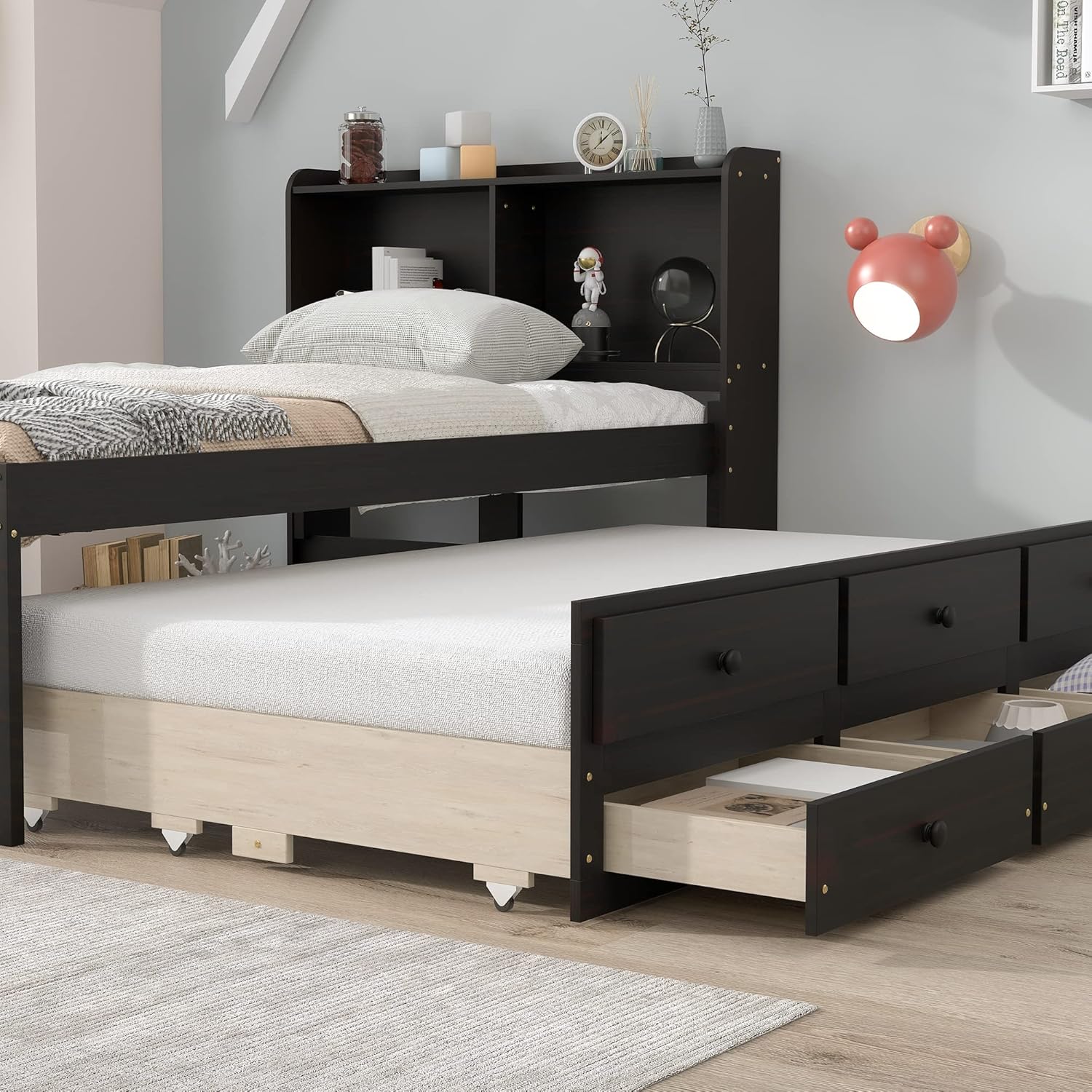 Twin Captain’s Bed with Bookcase Headboard, Wood Twin Size Bed Frame with Trundle and 3 Drawers for Kids, Teens, Adults, Espresso