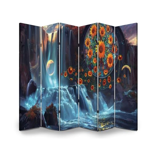 6 Panels Screen Room Divider Vibrant Stained Glass Sunflowers Ancient Stone Abbey Canvas Screen Indoor Folding Separator Freestanding Protective Wall Divider Privacy Partition