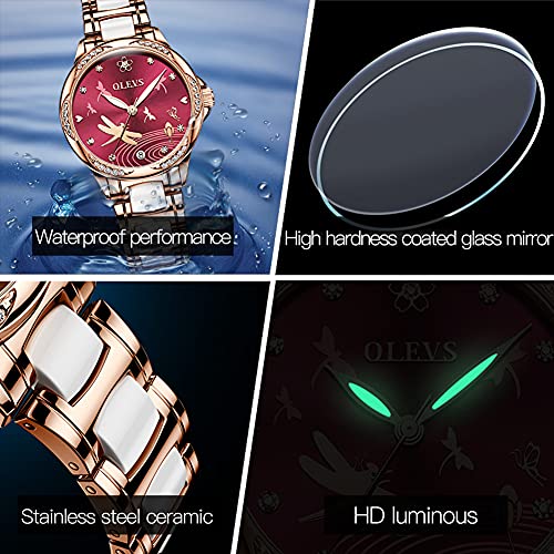 OLEVS Rose Gold Women's Watches, Ceramic Stainless Steel Band, Automatic Mechanical Watch, Waterproof Luminous Pointer Calendar, Diamonds Elegant Watches for Women, Red/Blue/White Dial [No Battery]