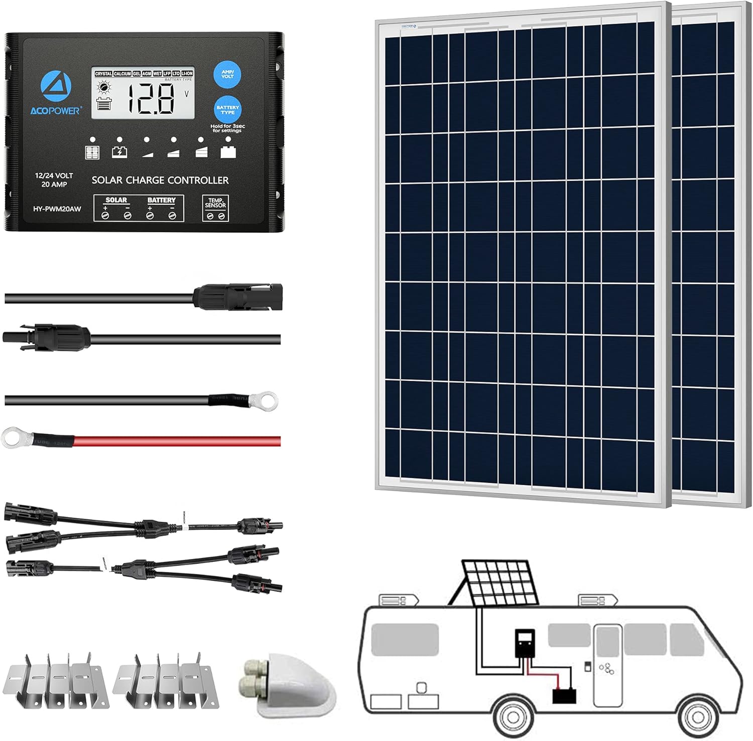 ACOPOWER Solar Panel Kit, 800W 12/24V Polycrystalline Off-Grid System for RV Home Marine with 8PCs 100W Rigid Solar Panels/60A MPPT Controller/Z-Brackets/Y Connectors/Solar Cables/Cable Entry Housing