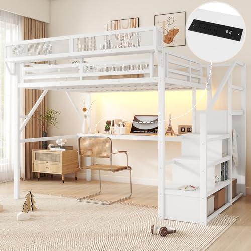 Full Size Loft Bed with Stairs and Storage, Metal Loft Bed Frame with Bedside Shelf and Large Under-Bed Space, Heavy-Duty Bed for Adults Teens and Kids, Black