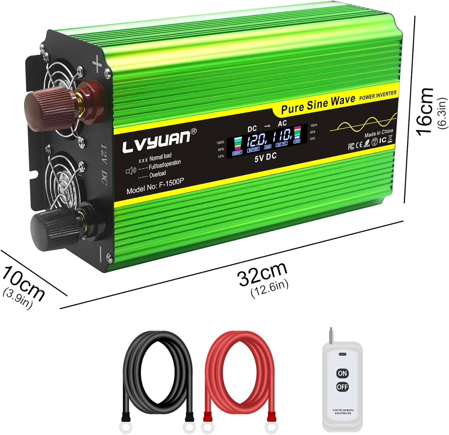 Cantonape 2500 Watt Pure Sine Wave Power Inverter 12V DC to 120V AC Converter with 4 AC Outlets and 3.1A USB Port & LED Display for Car RV Truck Boat Travel Emergency