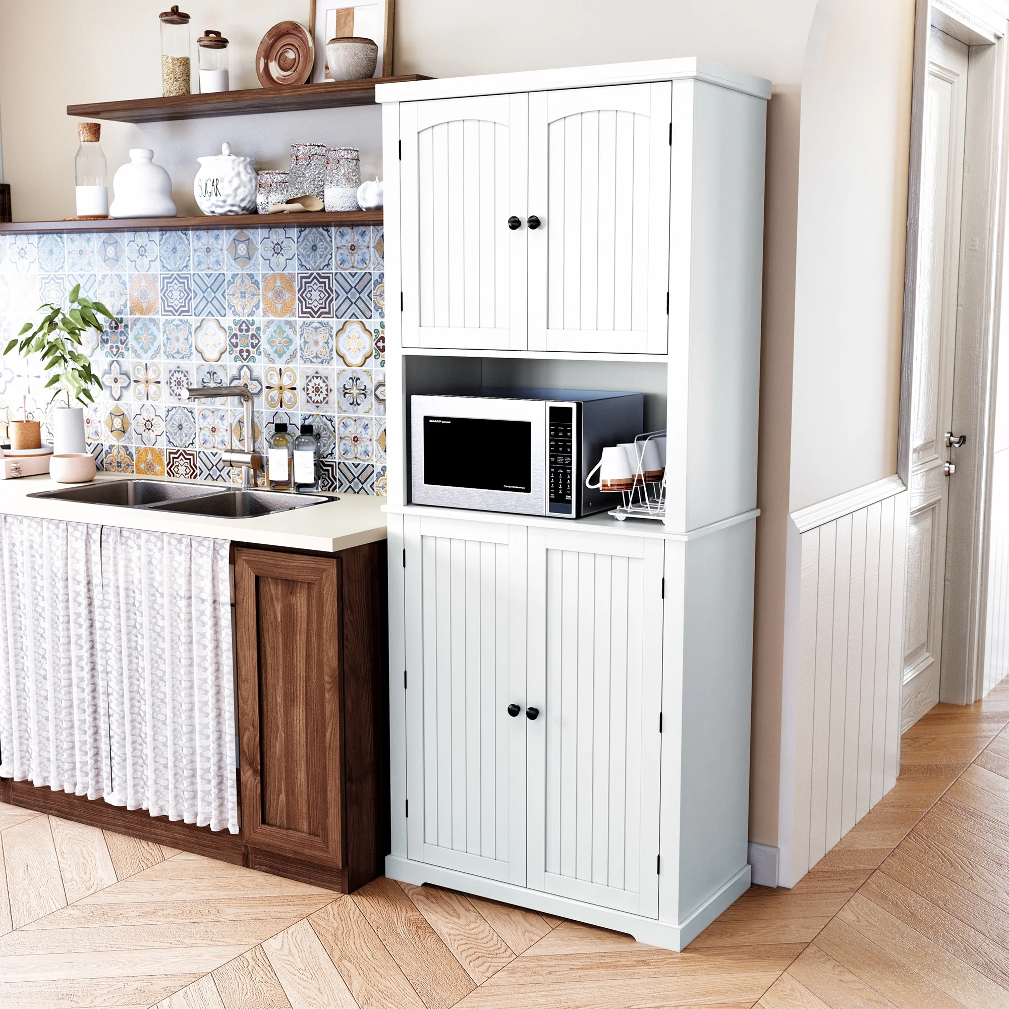 HLR 72" Kitchen Pantry Storage Cabinet, White Kitchen Hutch Cabinet with Microwave Stand, Freestanding Larder Cupboard，Utility Pantry with Doors and Shelves for Dining Room, Living Room, Laundry