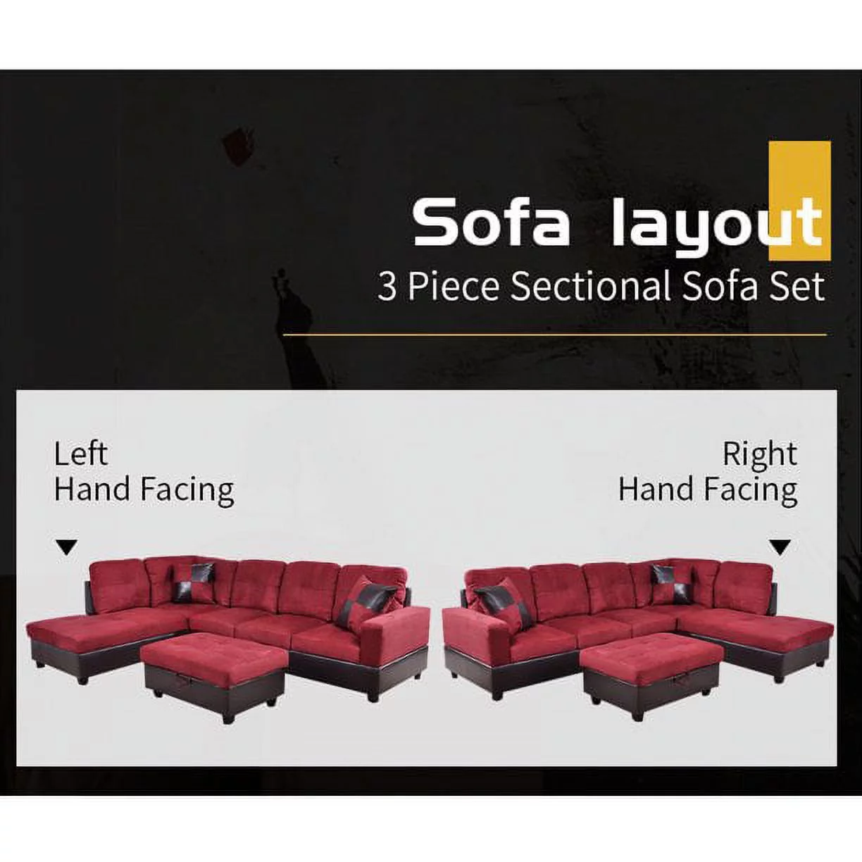 PonLiving 103.5" Wide Corner Microfiber Sectional Sofa with Storage Ottoman & Matching Pillows Right Hand Facing, Red