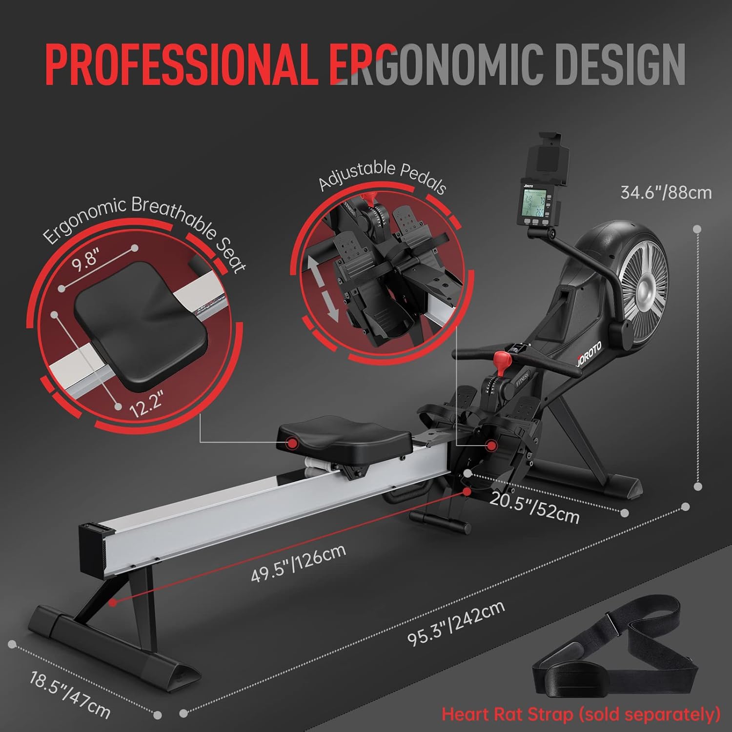 JOROTO Rowing Machine - Air & Magnetic Resistance Rowing Machines for Home Use, Commercial Grade Foldable Rower Machine with Bluetooth & Smart Backlit Monitor - 350LBS Load
