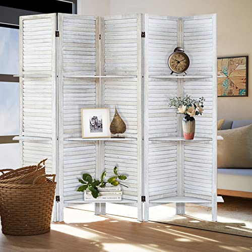 Room Divider with Shelves, Privacy Screen, Room Dividers and Folding Privacy Screens, 5 Panel Wood Temporary Wall Partition Separation Separator, Coconut