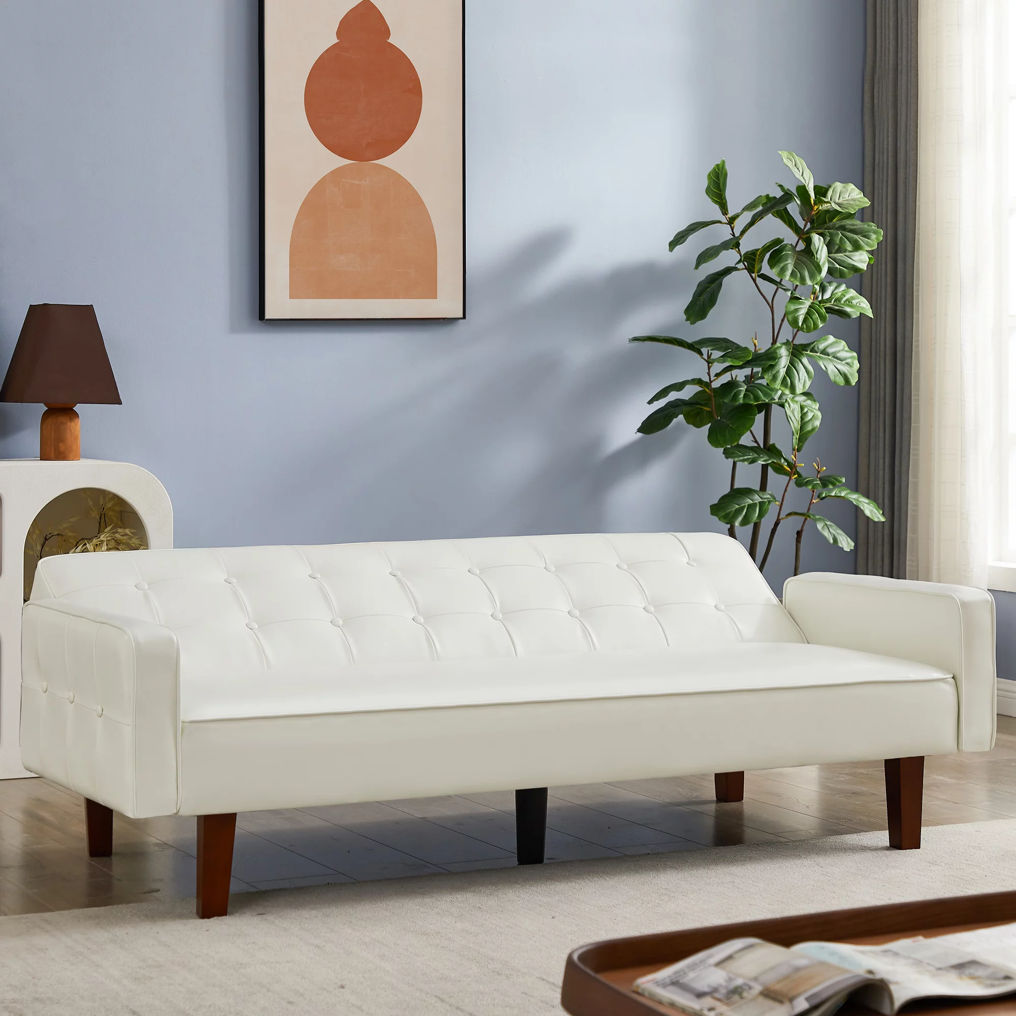 Lemacte White Faux Leather Futon Sofa Couch,Button Tufted Convertible Sleeper Sofa Bed for Small Spaces, Living Room, Bedroom