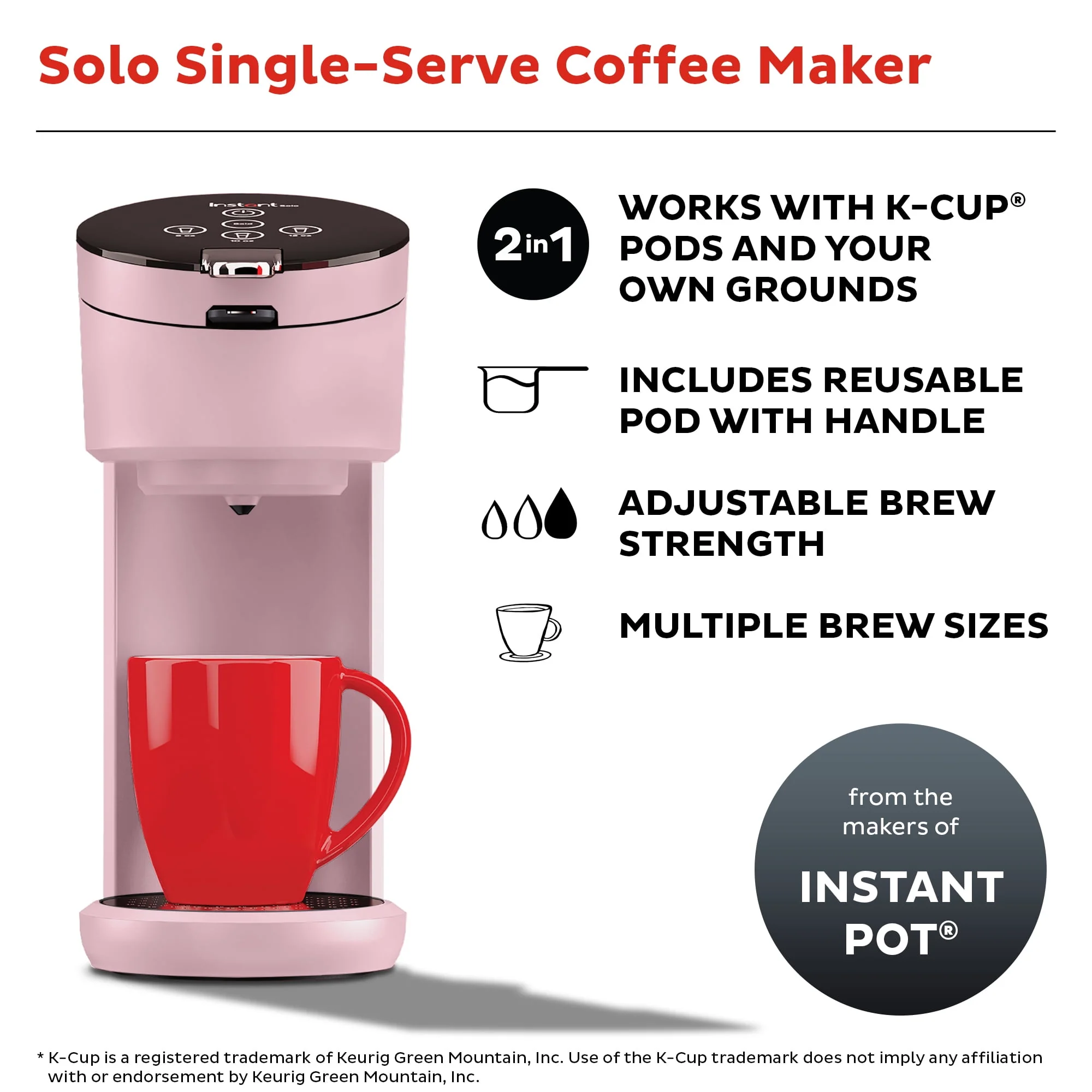 Instant Solo 2-in-1 Single Serve Coffee Maker for Ground Coffee or K-Cup Pods with 3 Brew Sizes, Maroon Red