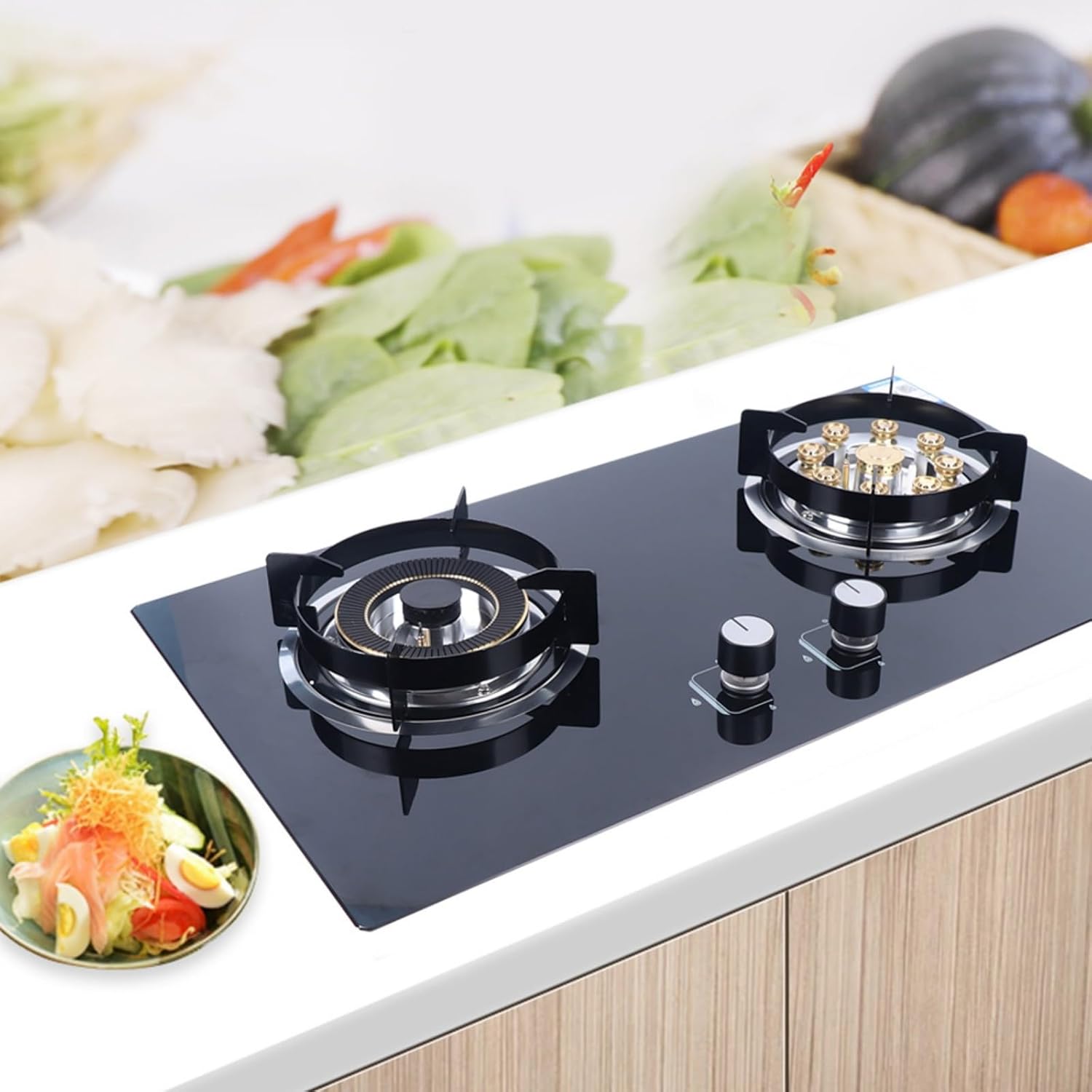 Gas Cooktop Stove Top 2-Burner Built-in Natural Gas Cooker Gas Stove 730x410mm, Camping Double Burner LPG for RV, Apartments, Outdoor Kitchen and BBQ Island Easy to Clean
