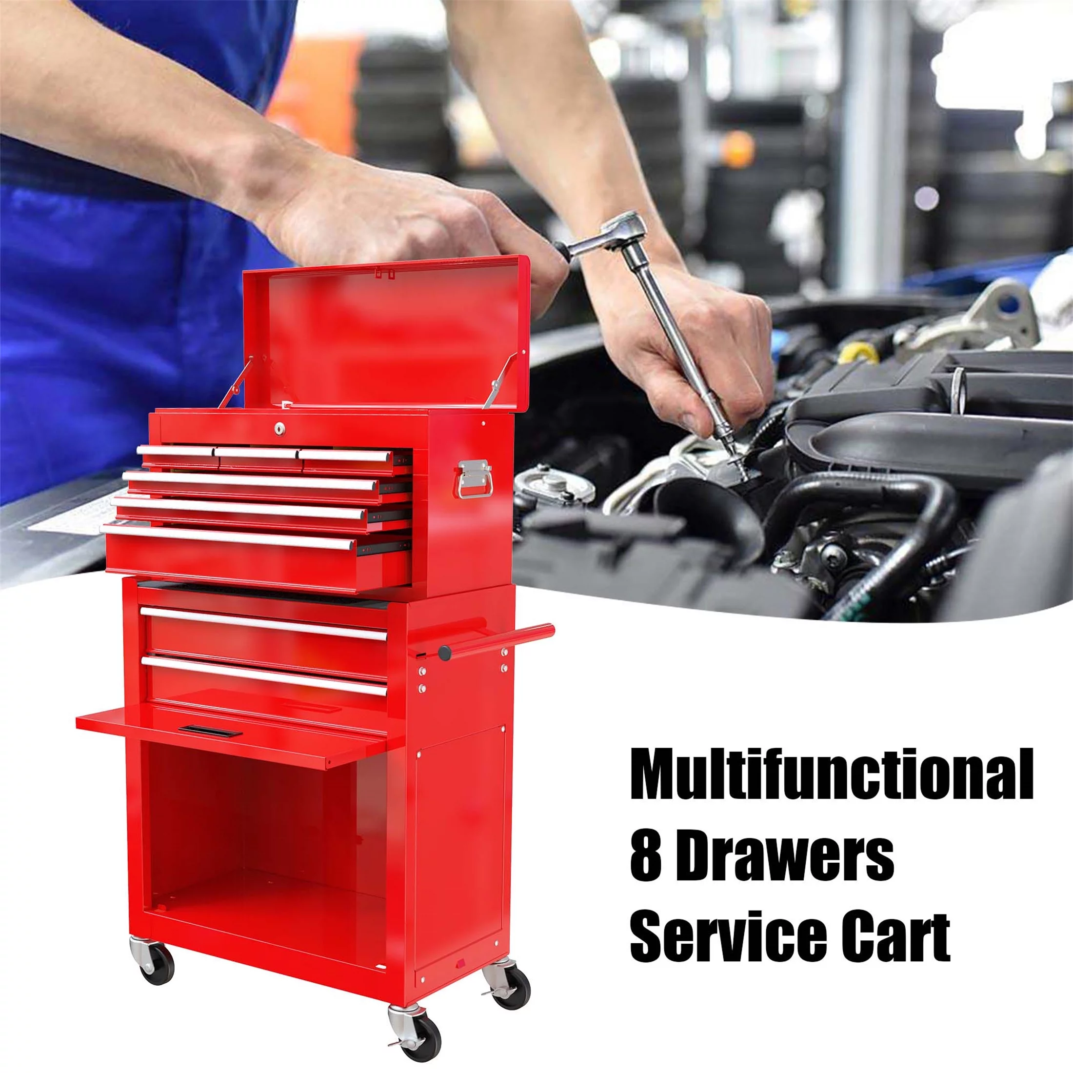 Aukfa Tool Chest, 2 in 1 Steel Rolling Tool Box & Cabinet On Wheels for Garage, 8-Drawer, Blue