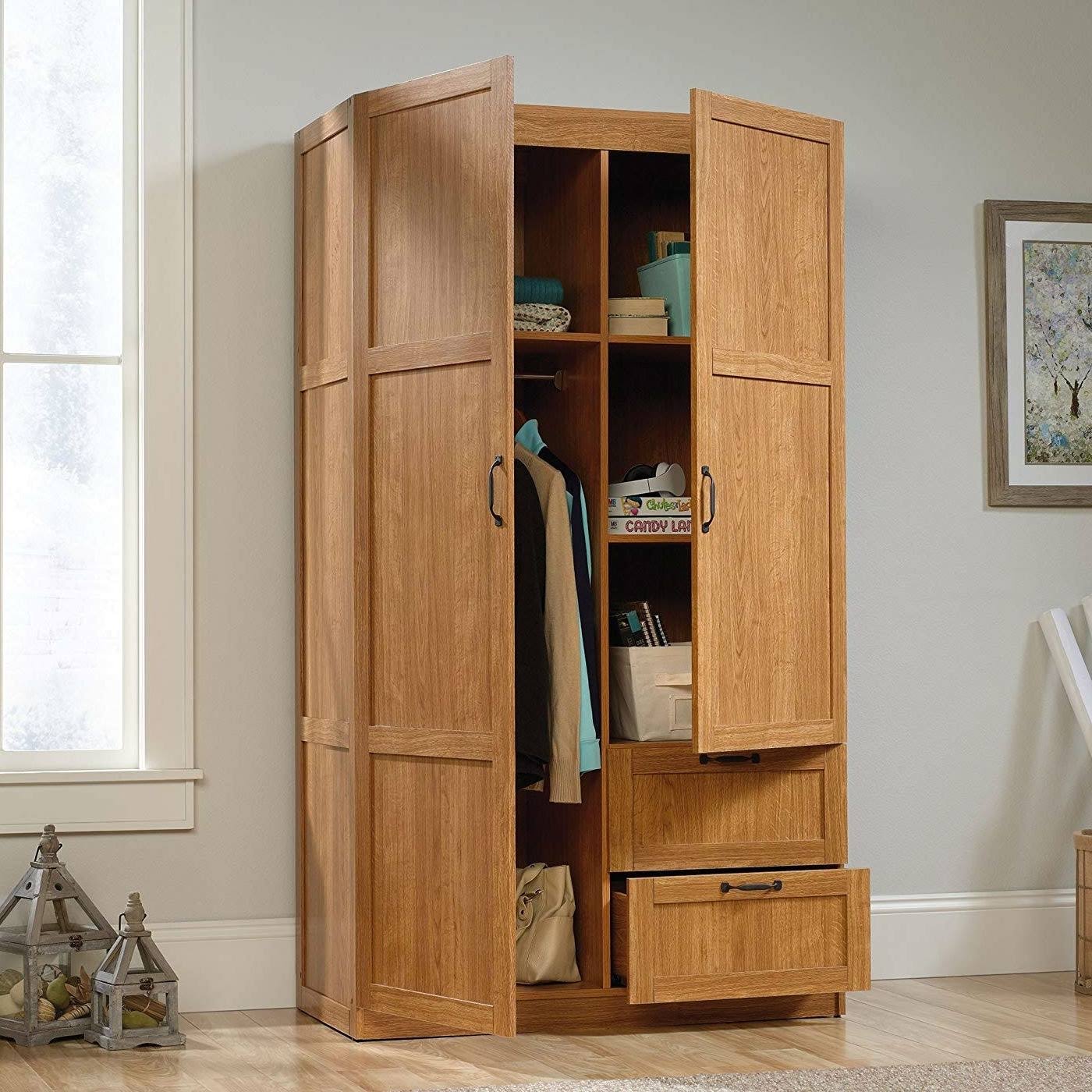 Bedroom Wardrobe Cabinet Storage Closet Organizer in Medium Oak Finish - Brown