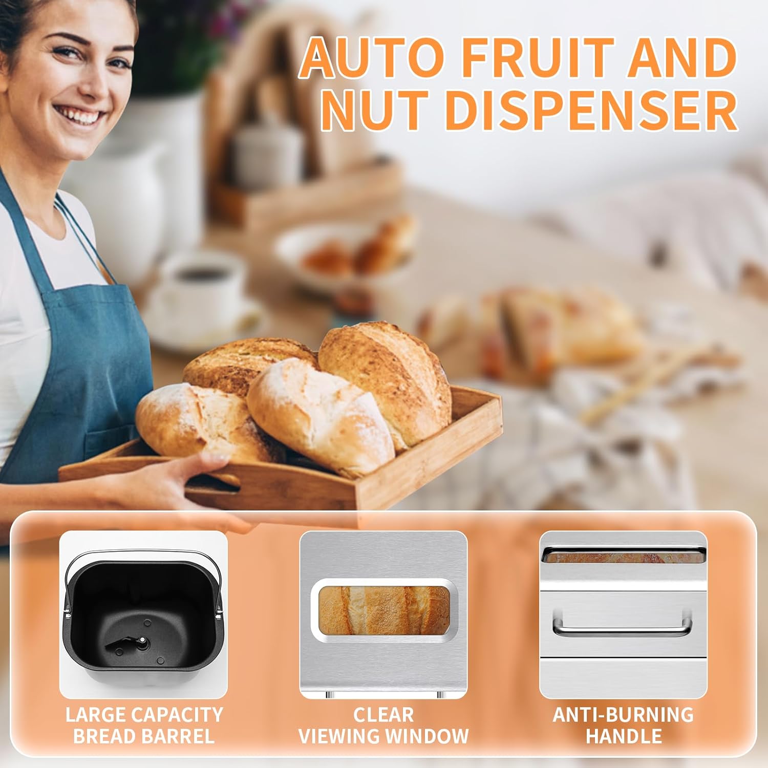 SEEDEEM 16 in 1 Bread Machine, 2.2LB Stainless Steel Bread Maker with Fruit and Nut Dispenser, Nonstick Ceramic Pan, 3 Crust Colors, 3 Loaf Sizes & Touch Panel Recipes, Silver