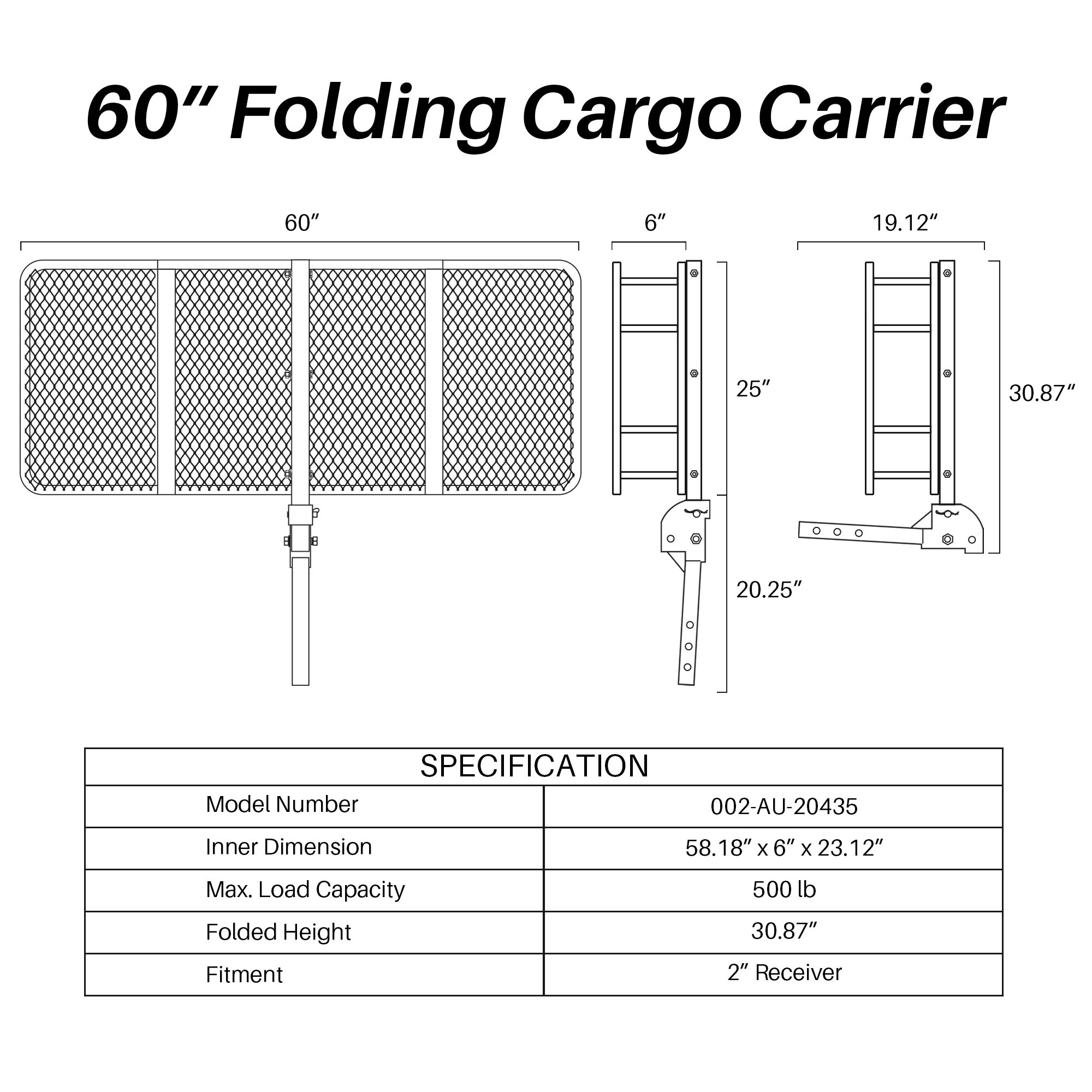 Arksen Folding Cargo Carrier Luggage Basket 2" Receiver Hitch 60"