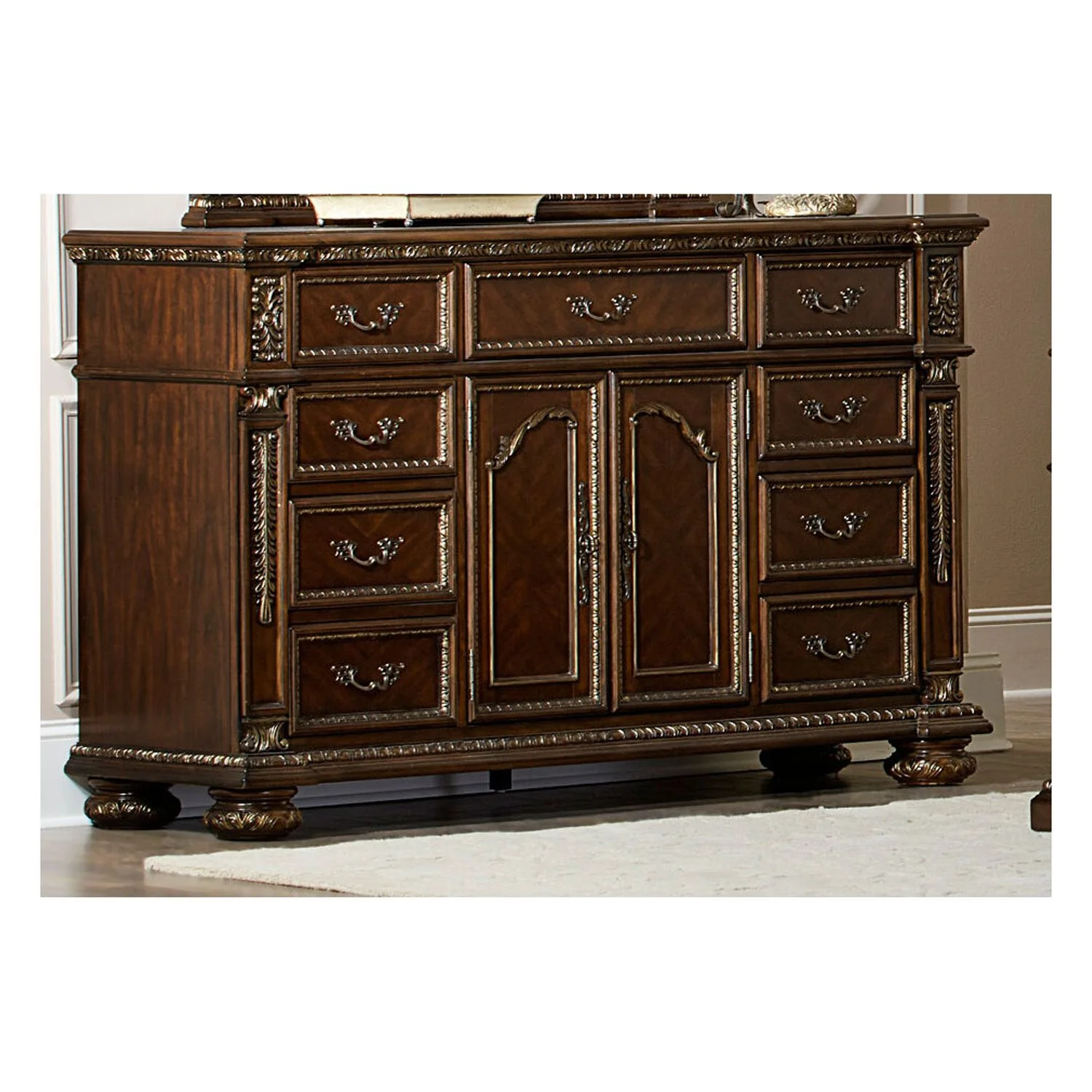 Benzara Spacious Wooden Dresser In Traditional Style, Cherry Brown