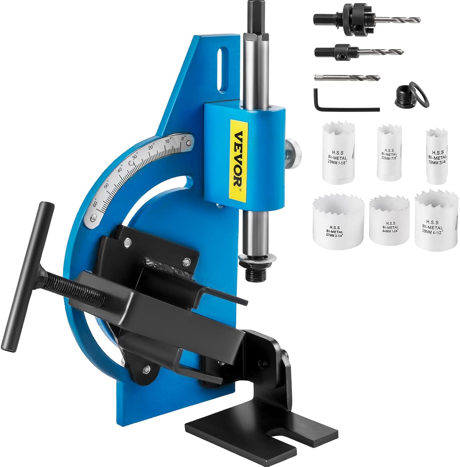VEVOR Tube Notcher Kit 60 Degree Pipe Tubing Notcher w/ 9 Pc Bi-Metal Hole Saw&nbsp;3/4" -2-1/4" with Case Tubing and Pipe Notcher 2 Drills Tube Notcher Tool for cutting holes through Metal, Wood, Plastic.