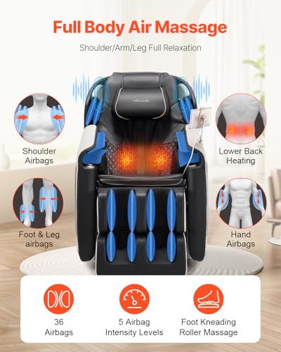 VEVOR Massage Chair, 4D Full Body Zero Gravity Recliner with SL Track, Yoga Stretch, AI Voice Control, Heat, Foot Roller, Retractable Pedal, 36 Airbags, LCD, Armrest Controls, Rolling Base