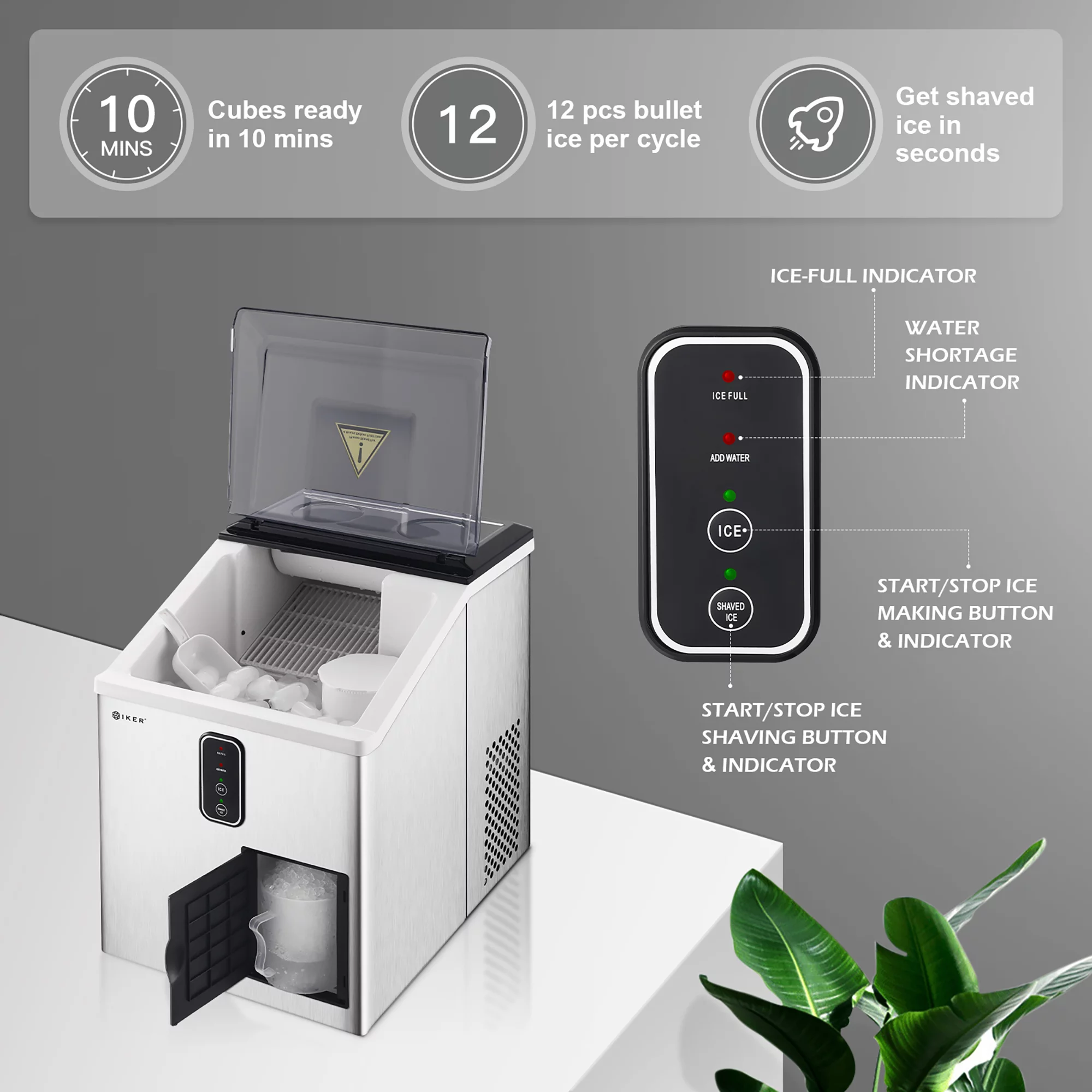 IKER Countertop Ice Maker and Ice Shaver Machine 33lb/24H, Portable 2-in-1 Ice Machine with LCD Display