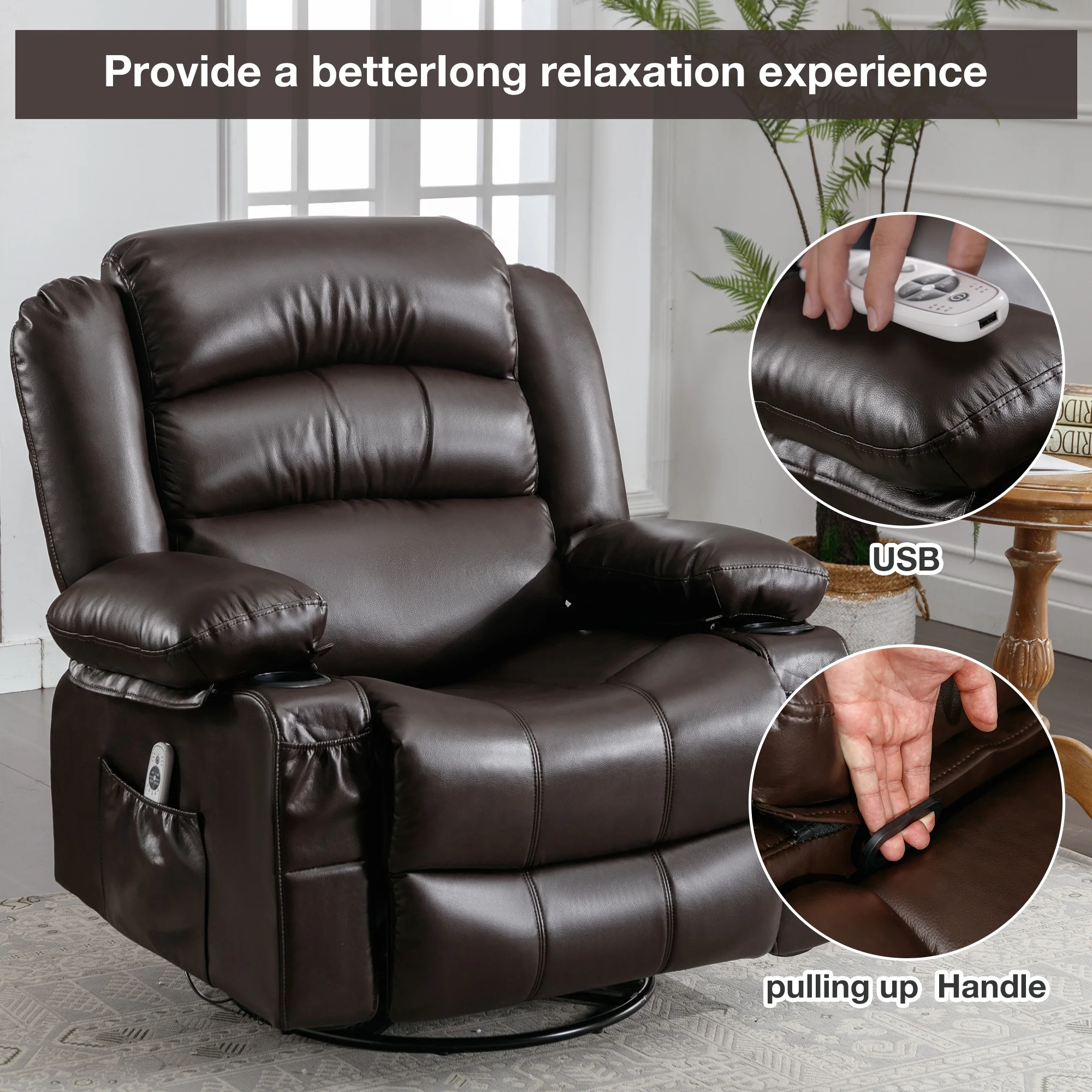 Massage Swivel Rocker Recliner Chair with Vibration Massage and Heat Ergonomic Lounge Chair for Living Room with Rocking Function and Side Pocket 2 Cup Holders USB Charge Port, Brown