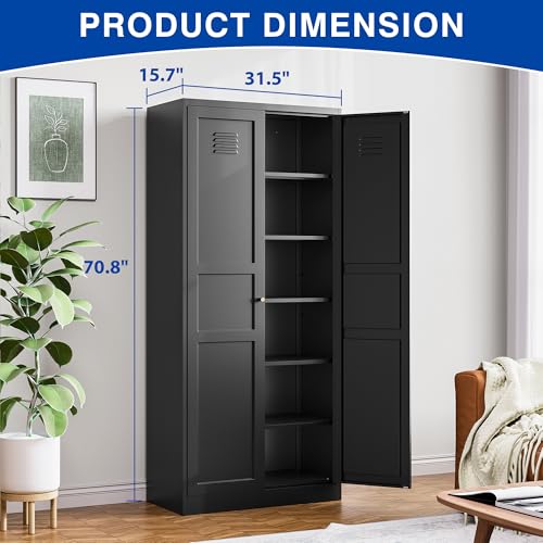 Kitchen Pantry Storage Cabinet with Adjustable Shelves Metal Cupboard Storage Cabinet with Adjustable Feet Pantry Cabinet for Kitchen, Living Room Dinning Room Bathroom. (Black, 61 inch)