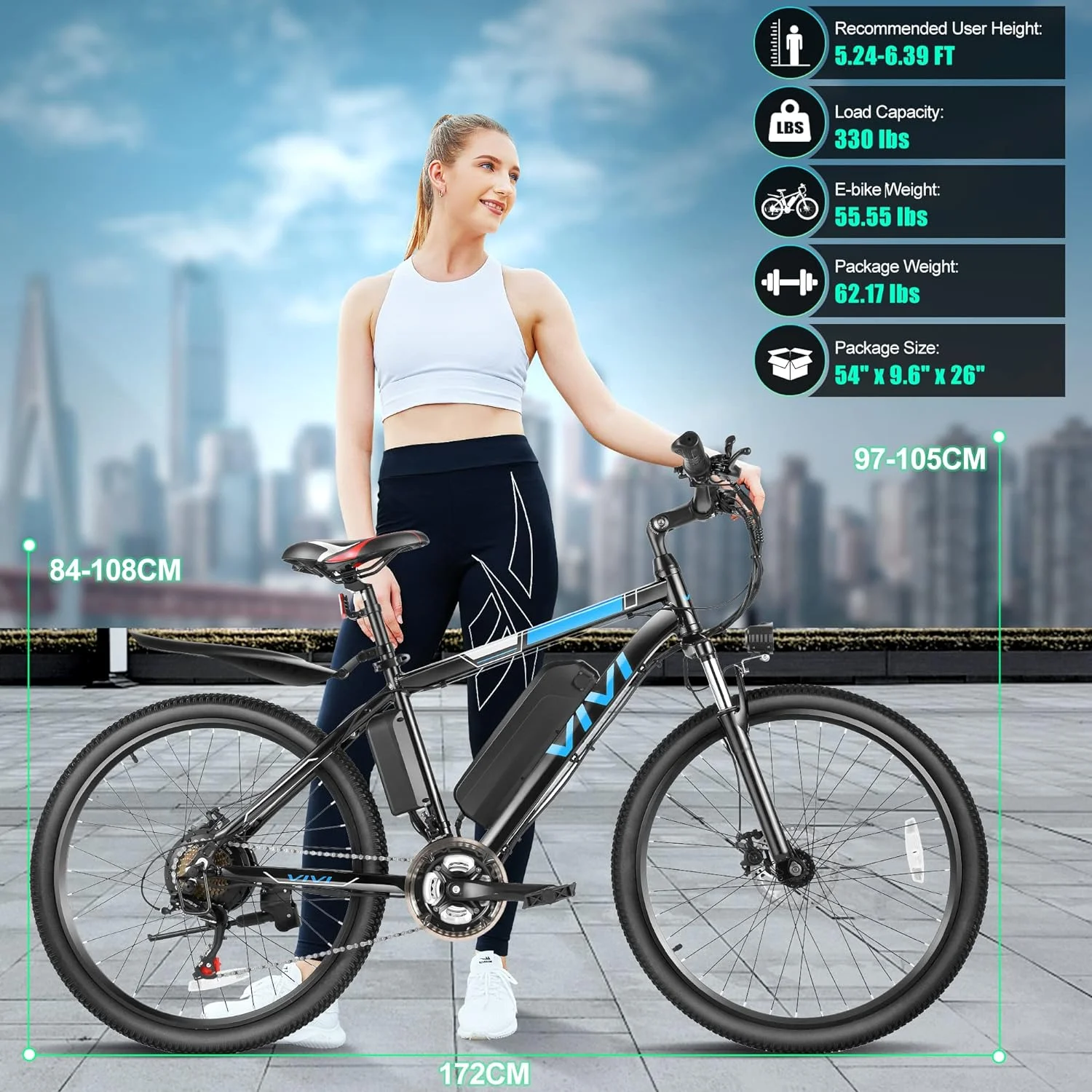 Vivi Electric Bike 26 Adult Electric Mountain Bike 500W Hardtail Electric Commuter Bike 21 Speed with Cruise Control Up to 20MPH & 50Miles