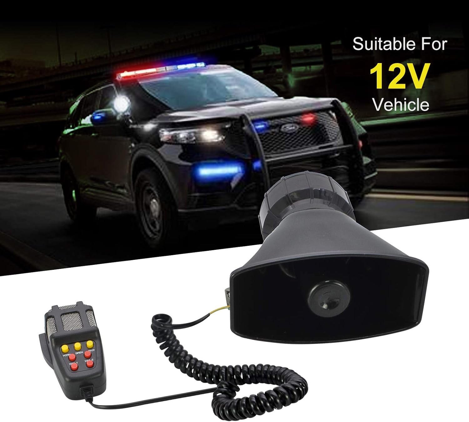 Safego Police Siren Speaker Car Pa System, Dc12v 100w 7 Tones Wired Handheld Microphone Loudspeaker Emergency Siren Electronic