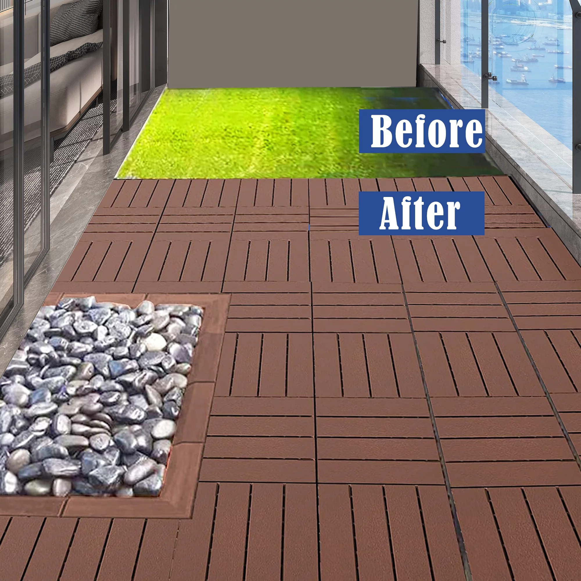 iRerts Patio Interlocking Deck Tiles, 44 Pack Plastic Patio Tiles, 12"x12" Square Waterproof Outdoor Flooring for All Weather Use, Garden Flooring Patio Tiles for Porch Balcony Backyard, Dark Brown