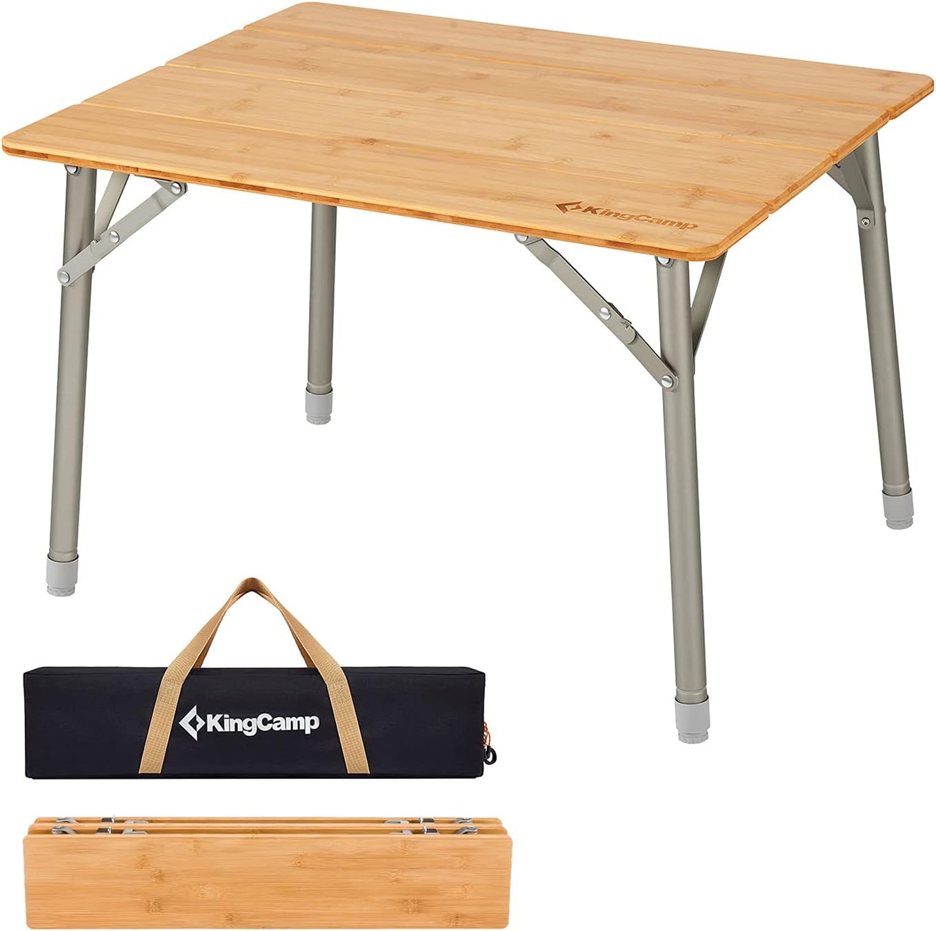KingCamp Bamboo Folding Table Environmental Camping Table with Adjustable Height Aluminum Legs Heavy Duty 4-Folds Portable Camp Tables for Travel, Picnic, Party, Beach, Outdoor and Indoor, 1-2 People