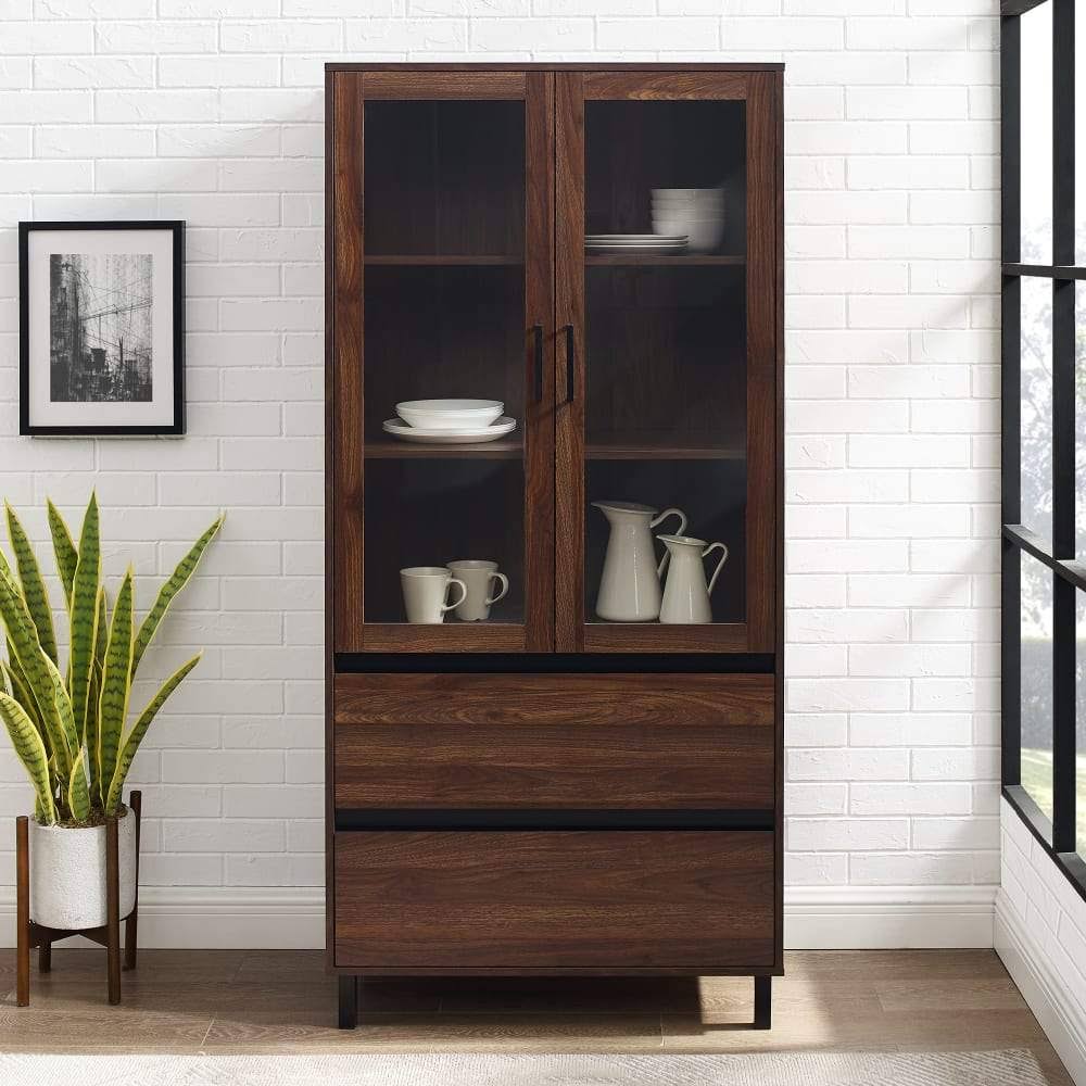 Walker Edison 68x22 Glass Door Storage Hutch - Dark Walnut
