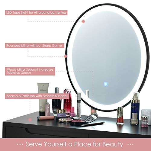 AUGESTER Vanity Set w/Screen Touch Mirror, Makeup Dressing Table w/ 3 Modes Adjustable Brightness Mirror, Cushioned Stool, 2 Sliding Drawers w/Divider, Modern Bedroom Vanity for Girls Women (White)