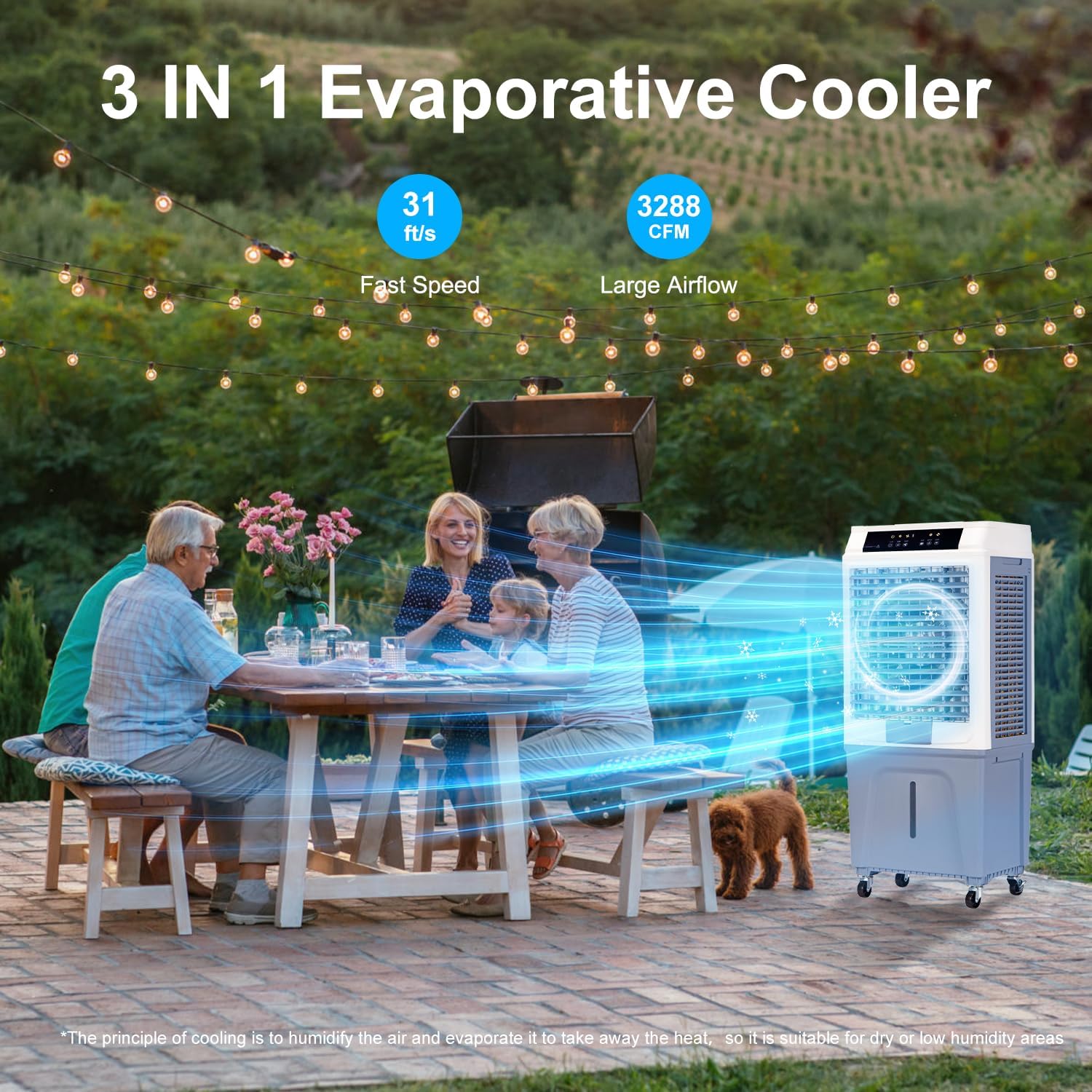 Evaporative Air Cooler, Swamp Cooler Air Conditioner with 3288CFM, 3 Speeds, 12H Timer, Portable Evaporative Cooler with 10.6 Gal Tank 4 Ice Packs for Large Room Patio Garage