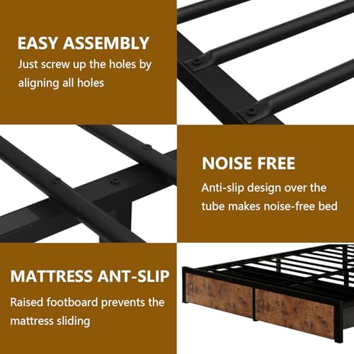 Farmhouse Full Bed Frame with Bookcase Headboard and Storage Drawers, LED Lights and Charging Station, No Box Spring Needed, Noise Free, Rustic Brown