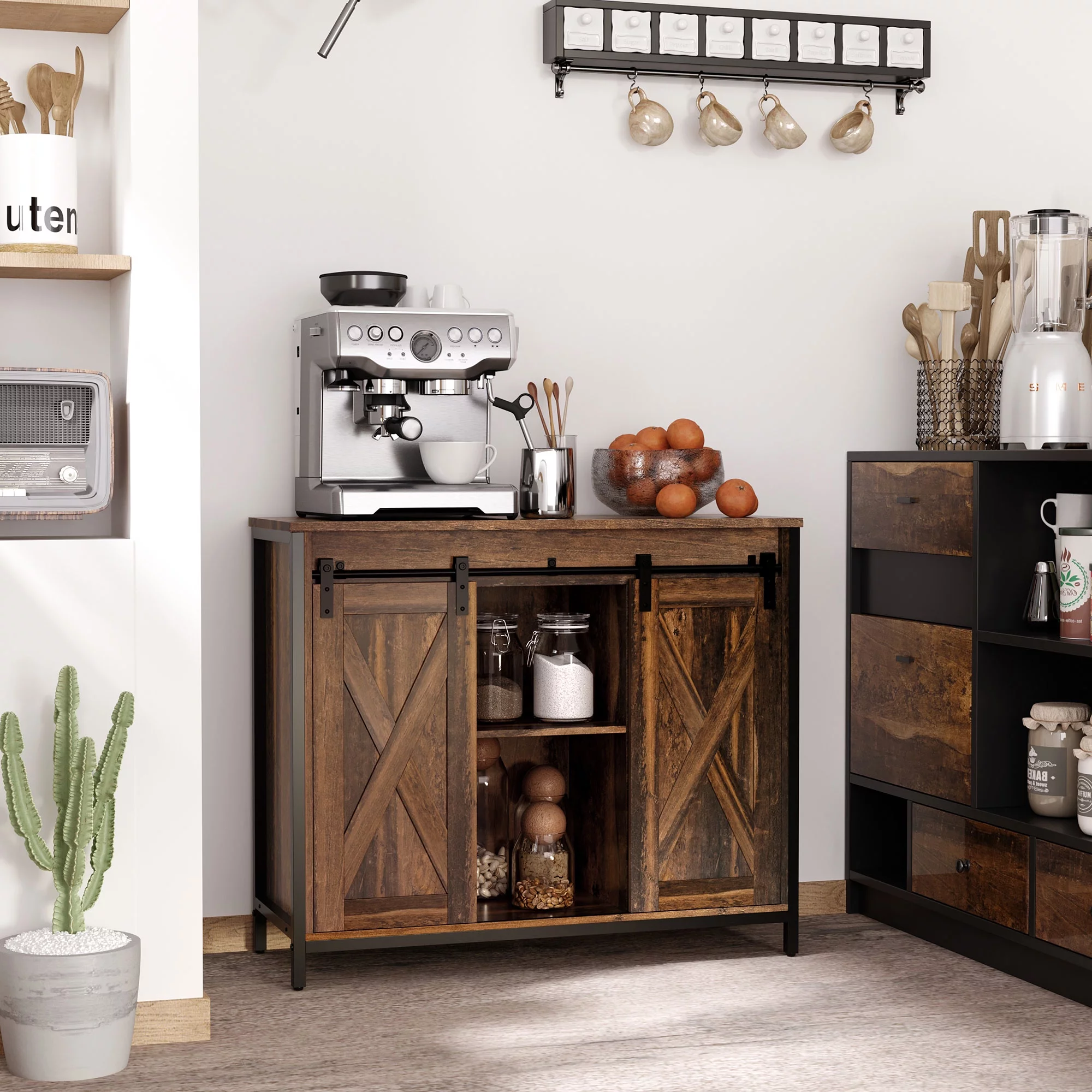 HOMCOM Industrial Sideboard, Buffet Cabinet with Sliding Barn Doors, Storage Cabinets and Adjustable Shelves for Living Room, Kitchen, Home Bar, Rustic Brown
