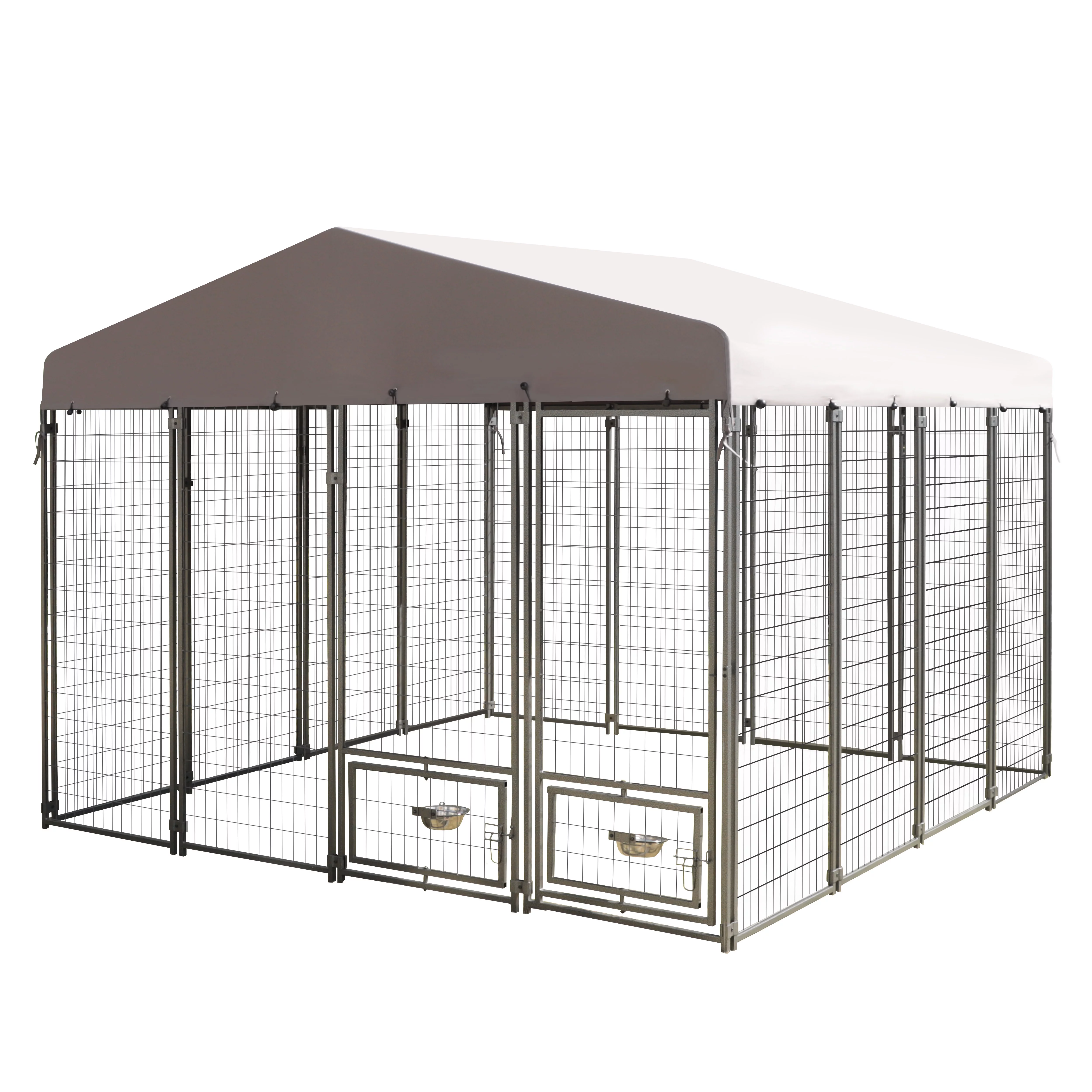 VEIKOUS 10x10 ft Outdoor Large Dog Kennel w/ Waterproof Canopy & 2 Bowls, Oversized Dog Crates for Yard, Lawn, Gray