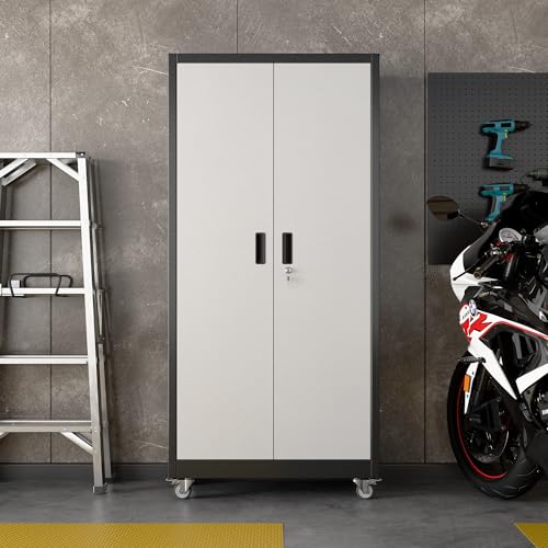 Aobabo 73''H Metal Garage Storage Cabinet with Wheels and Pegboards, 4 Adjustable Shelves Steel Storage Cabinets for Home,Warehouse,Garage,Assembly Required,White