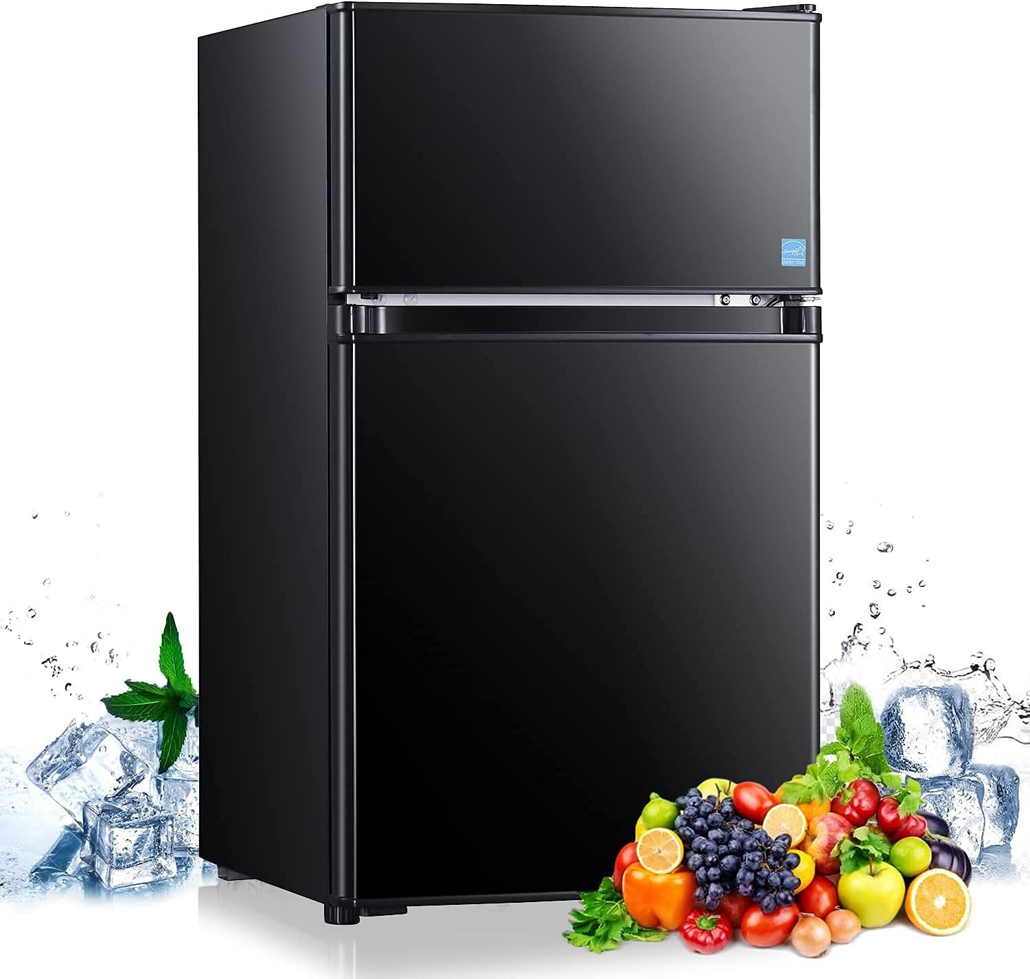 Mini Fridge with Freezer, 3.1 Cu.Ft Refrigerator 2 Doors, Unique Shelf Design, with LED Light, Adjustable Control Thermostat, Small Refrigerator for Bedroom, Office, Dorm, Garage, Black - ‎HPBFR310