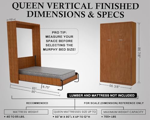 Queen Size DIY Murphy Bed Hardware Kit – Vertical Wall Bed for Space-Saving - Budget-Friendly DIY Setup -Made in USA -Hide Away Design with Murphy Bed Queen Hardware - Bed Lift Mechanism - Pull Down