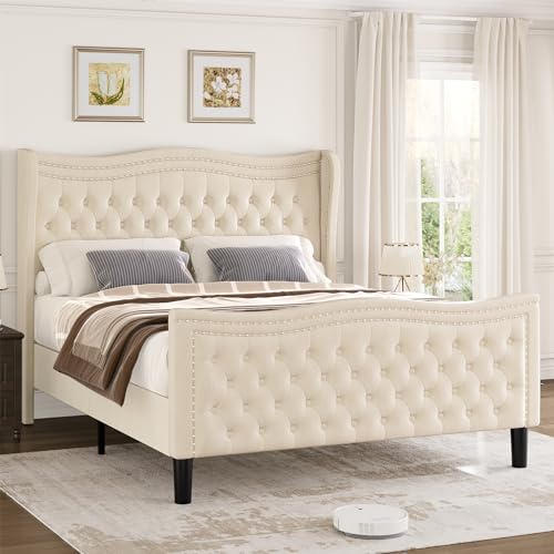 Queen Bed Frame, 52"" Headboard Upholstered Bed with Tall Footbaord, Velvet Upholstered Deep Button Tufted Wingback Platform Bed, No Box Spring Required/Wood Slat Support/Black
