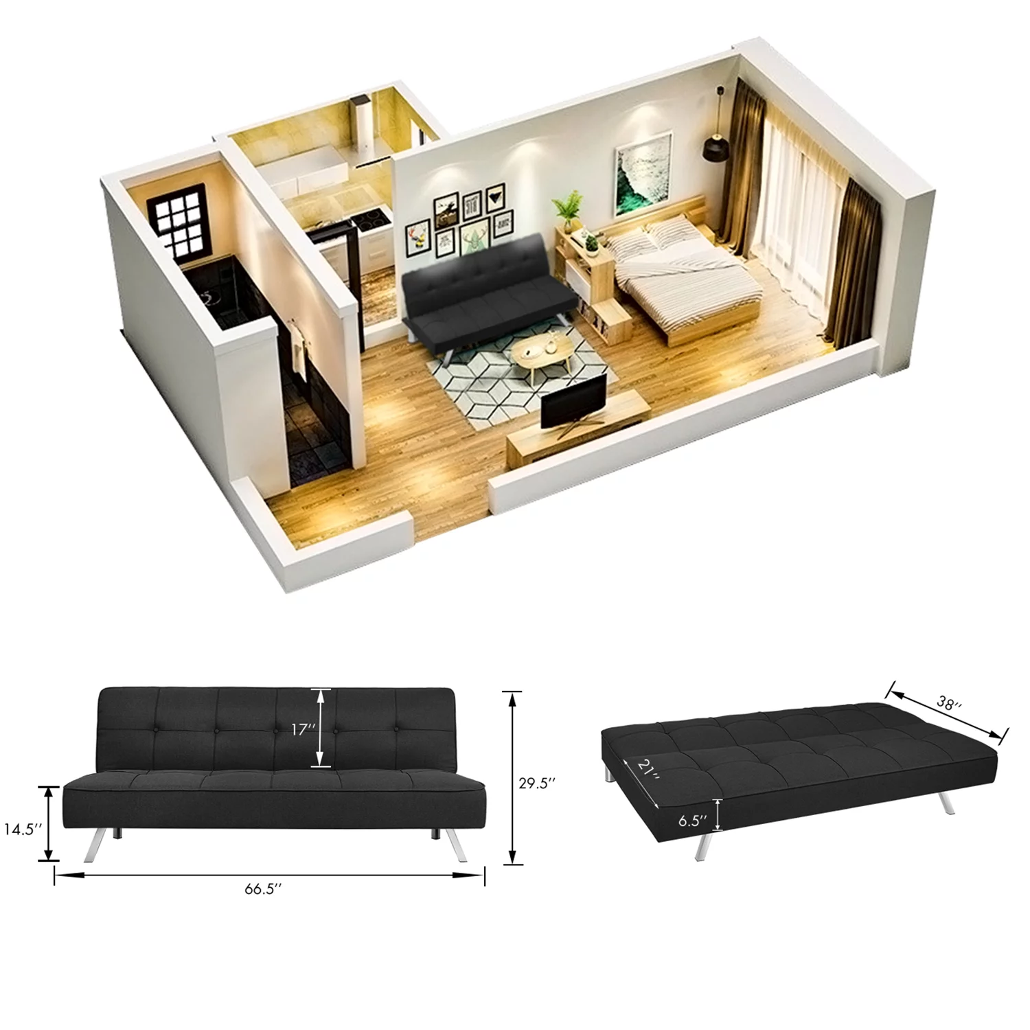 Vineego Modern Convertible Fabric Futon Sofa Bed, Black
