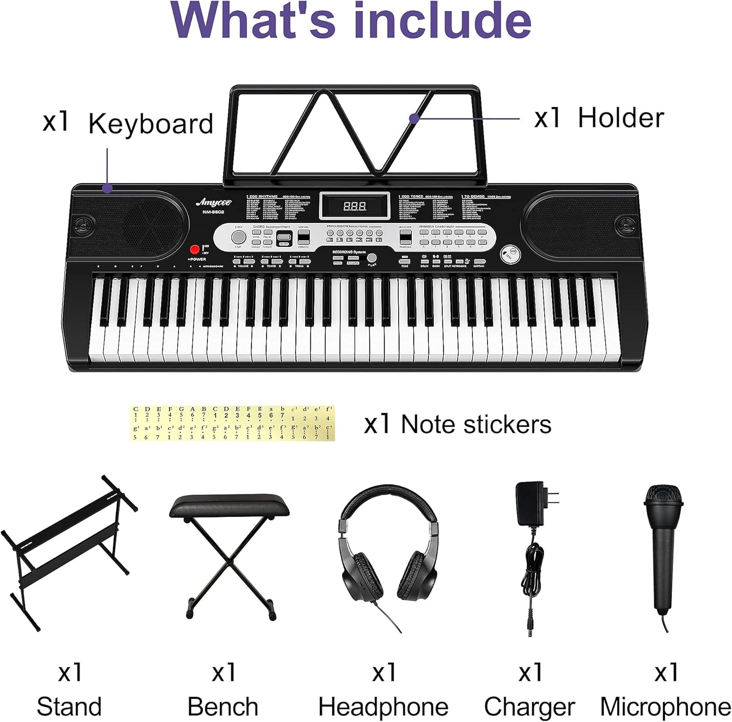 61-Key Electric Keyboard Piano, Amyove Portable Piano Keyboards for Beginners with LCD Display, Headphones, Microphone, Power Supply, Sheet Music Stand, Bench & Stand